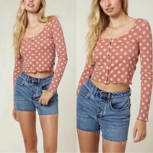 O'Neill Daisy Print Long Sleeve Crop Top with Lettuce Edge in Brown Sz Small